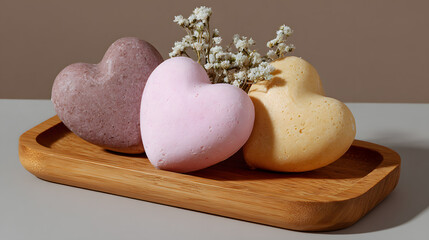Heart-shaped soaps in pastel colors arranged on a wooden tray with delicate flowers