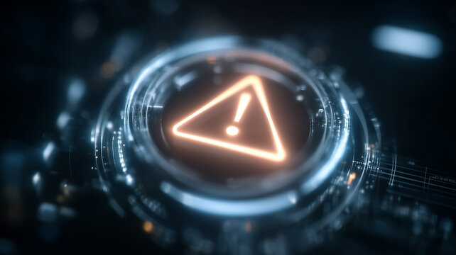 Warning triangle symbol inside circular interface representing critical system alerts monitoring and incident response for IT operations.
