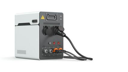 Portable charging station 3d render with power sockets, cables and carry handle. isolated on white background with copy space for electric vehicle, technology marketing or product catalog design