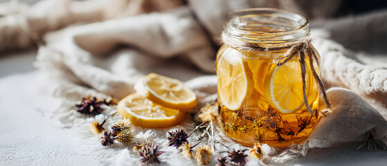 Jar of herbal tea with lemon slices and dried flowers on a textured fabric background