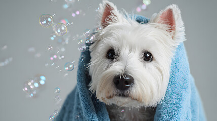 Small white dog wrapped in blue towel surrounded by floating soap bubbles in playful scene