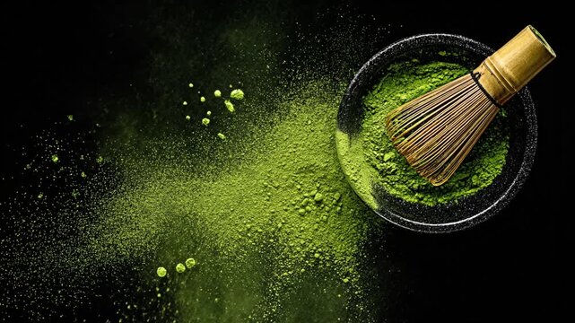 Aerial shot of matcha powder and tools on black background, creating an explosion effect