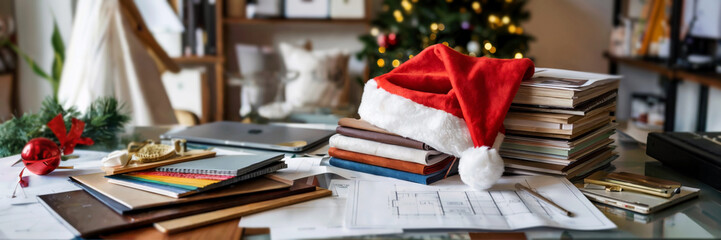 Festive workspace with Santa hat and design materials for New Year celebration