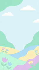 Obraz premium Whimsical pastel landscape with rolling hills, flowers, and a gentle stream under a blue sky