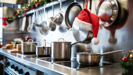Kitchen scene with festive decorations and pots for New Year celebration