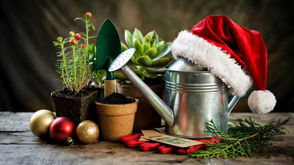 Gardening tools with Christmas decorations and festive elements for New Year