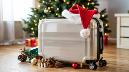 Holiday suitcase with Santa hat beside Christmas tree and festive decorations