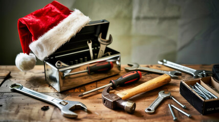 Toolbox with Christmas hat and tools for holiday DIY projects