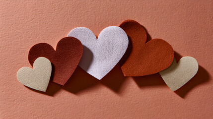 Colorful paper hearts arranged on a textured background for creative design concepts