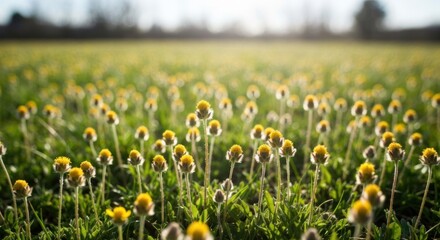 Close-up of a field of small yellow wildflowers bathed in sunlight, with blurred background