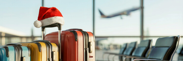 Colorful luggage with Christmas hat at airport terminal during holiday travel