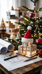 Christmas-themed architectural model with Santa hat and festive decorations
