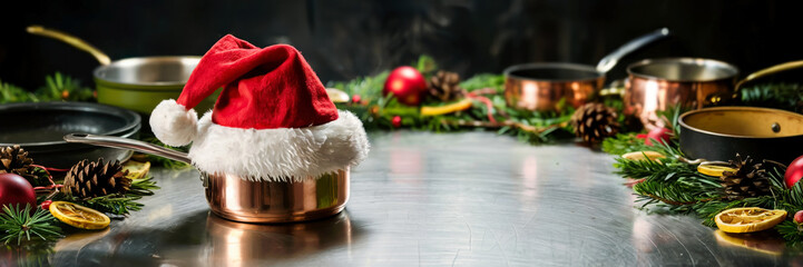 Copper pot with Santa hat surrounded by festive decorations and cookware