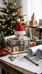 Architectural model with Santa hat on table decorated for New Year