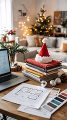 Cozy workspace with holiday decorations and architectural plans on table