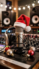 Microphone with Santa hat and Christmas ornaments in festive studio setting