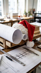Architectural plans with Santa hat on desk for New Year celebration concept