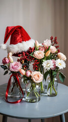 Festive floral arrangement with Santa hat for New Year celebration