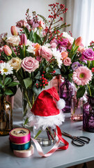 Colorful floral arrangement with Christmas decorations and ribbons
