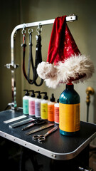Pet grooming station with holiday decorations and colorful shampoo bottles