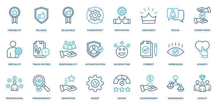 Credibility icon set. Containing  reliable, believable, consistency, reputation, track record, professional, loyalty icon. Outline Color style