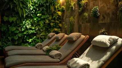 A photo of a spa relaxation area with greenery. ,