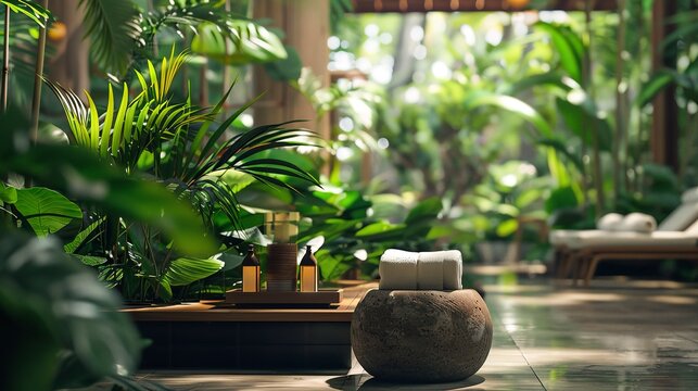A photo of a spa relaxation area with greenery.