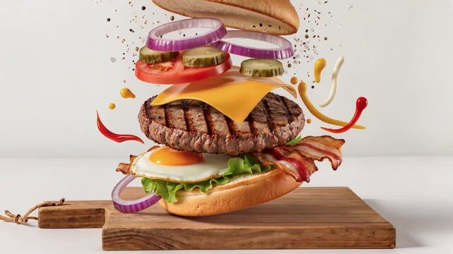 A creative and dynamic "flying" deconstructed cheeseburger with all ingredients, including a grilled beef patty, fried egg, bacon, and fresh vegetables, floating above a wooden cutting board