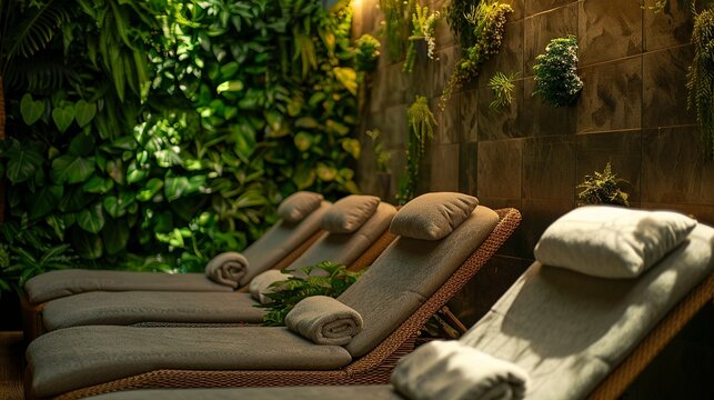 A photo of a spa relaxation area with greenery. ,
