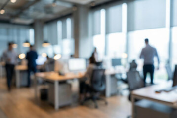 Blurred modern office interior with employees working at desks and large windows