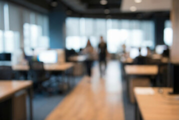 Blurred view of people working in a modern open-plan office environment