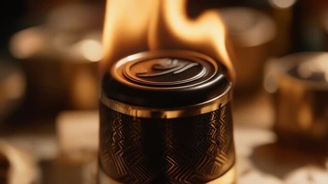 A candleholder engulfed in flames. The object has a decorative pattern and a logo on top