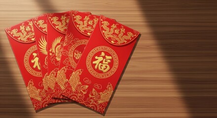 Fototapeta premium Chinese red envelopes with golden designs on wooden surface