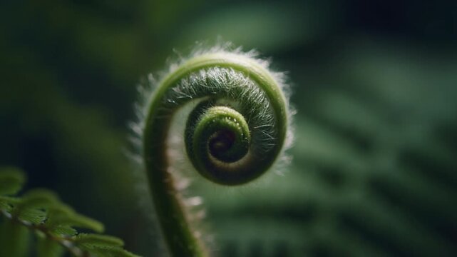 A delicate fern fiddlehead unfurls in a perfect spiral, symbolizing new beginnings and the intricate patterns of nature's growth in a vibrant green display