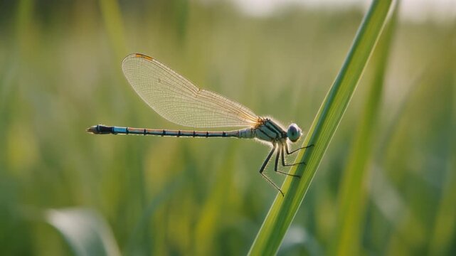 Delicate damselfly with translucent wings perched on a vibrant green blade of grass, bathed in the soft, warm glow of golden hour, highlighting nature's serene beauty