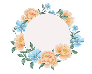 Peach Peony and Blue Anemone Watercolor Wreath
