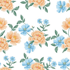 Peach Peony and Blue Anemone Watercolor Seamless Pattern