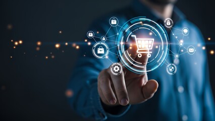 Businessman Using Digital Shopping Cart Interface with E-commerce Icons in Dark Modern Setting