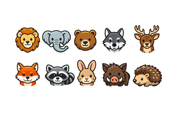 Fototapeta premium Animal, wildlife flat icon set. Adorable, playful, cute animal faces flat collection