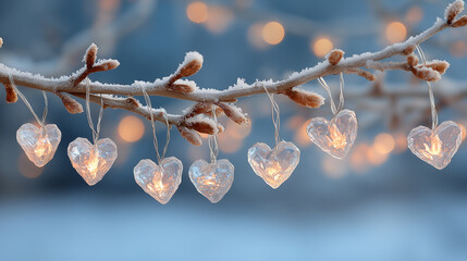 Twinkling heart-shaped lights hang delicately from a frosty branch, creating a charming winter wonderland scene filled with warmth and love.