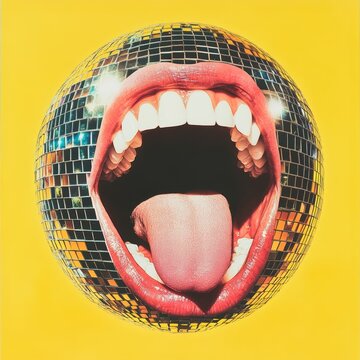 In a contemporary art piece, a colossal set of female lips with red lipstick are shown singing beside a disco ball, contrasted against a vibrant yellow background