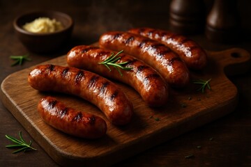Rustic close-up of freshly grilled sausages on a wooden cutting board, garnished with rosemary and warmly lit to emphasize texture and rich color in a cozy kitchen setting.