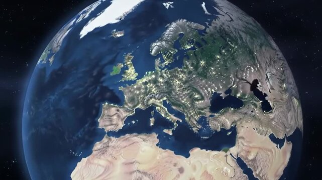 Europe continent view from space, showing city lights at night, creating a beautiful background.