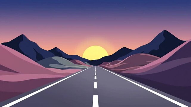 A cartoon illustration of a straight road stretching towards mountains at sunset