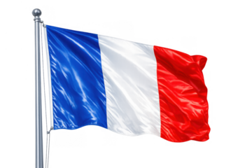 France flag with blue, white, and red vertical stripes waving on a metal flagpole against a transparent background