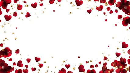 Elegant valentine's day backdrop features floating red hearts, rose petals, and shimme golden beads scattered on a clean, bright, white background for love.
