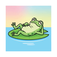 Obraz premium Cartoon Frog Relaxing on Lily Pad.