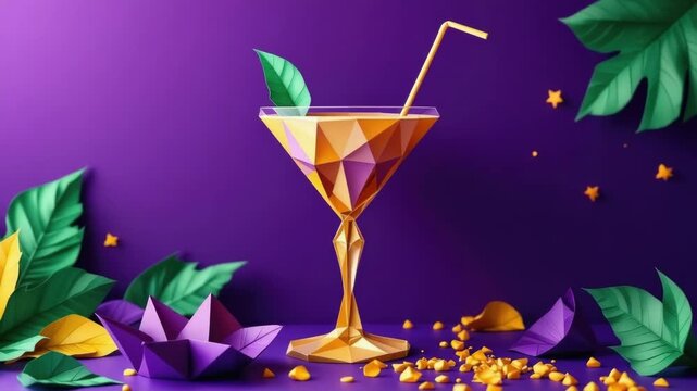 Vibrant geometric cocktail with straw and leaf on purple background