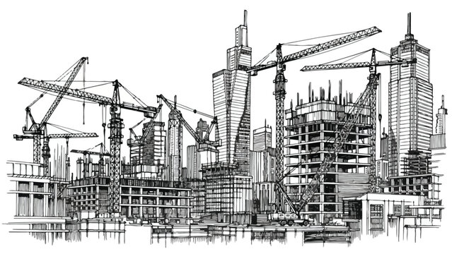 High rise building construction site with cranes