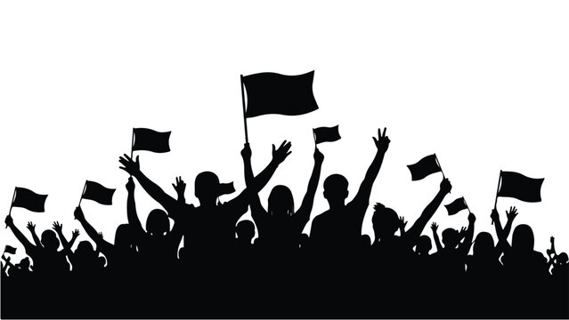 Crowd of people waving flags silhouette sketch